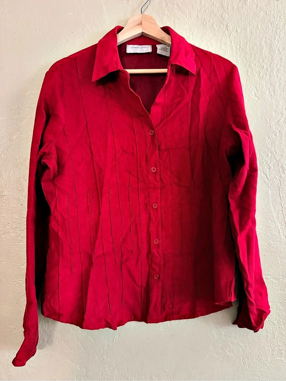 Lemon Grass Red Button-Down Suede Like Shirt